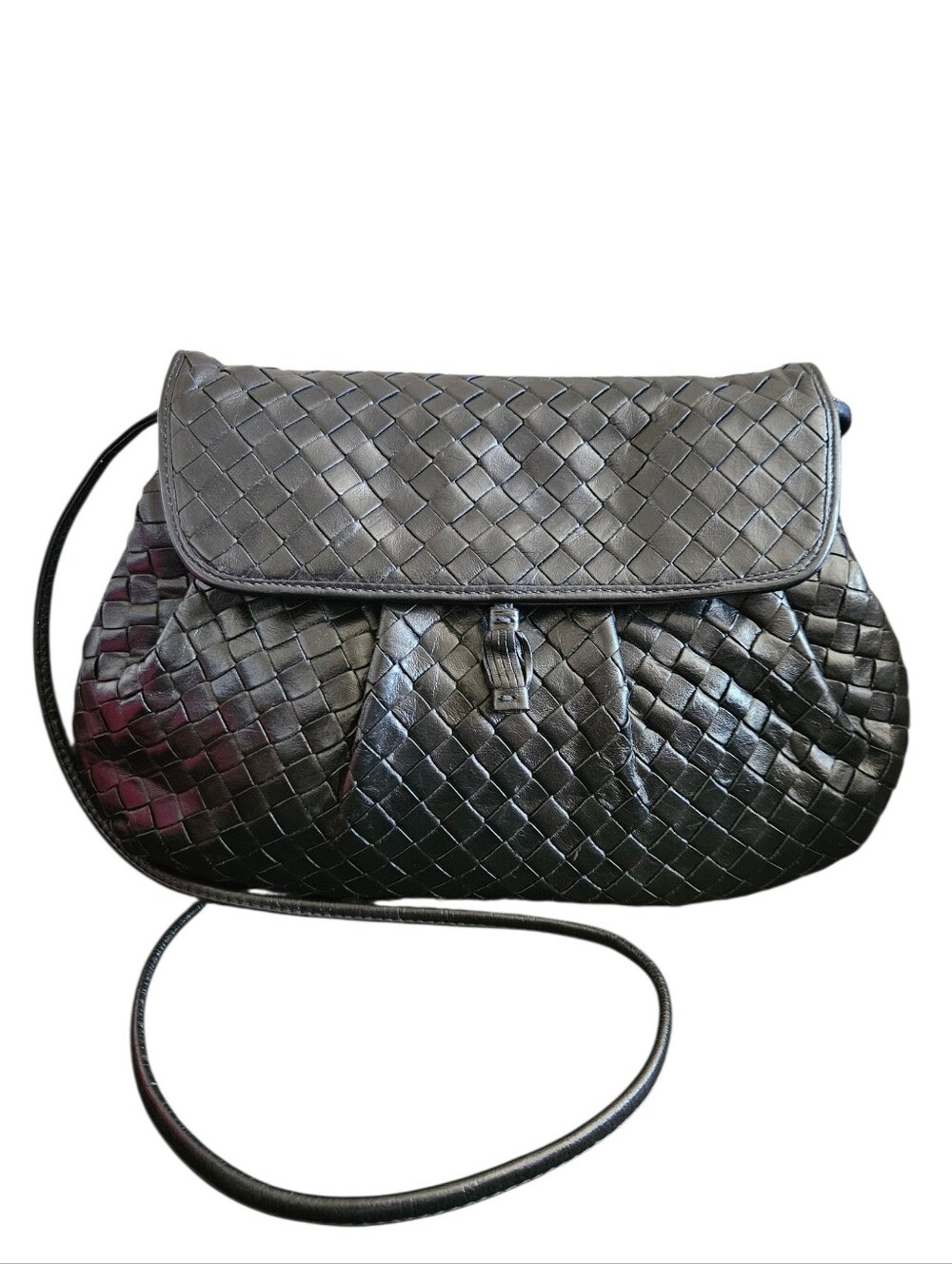 Vintage 80s Meyers USA Black Leather "Intrecciato" Woven Shoulder Bag